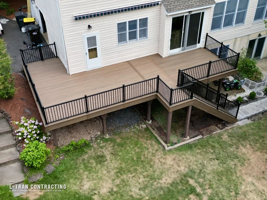Aerial view of multi-level deck with black railings