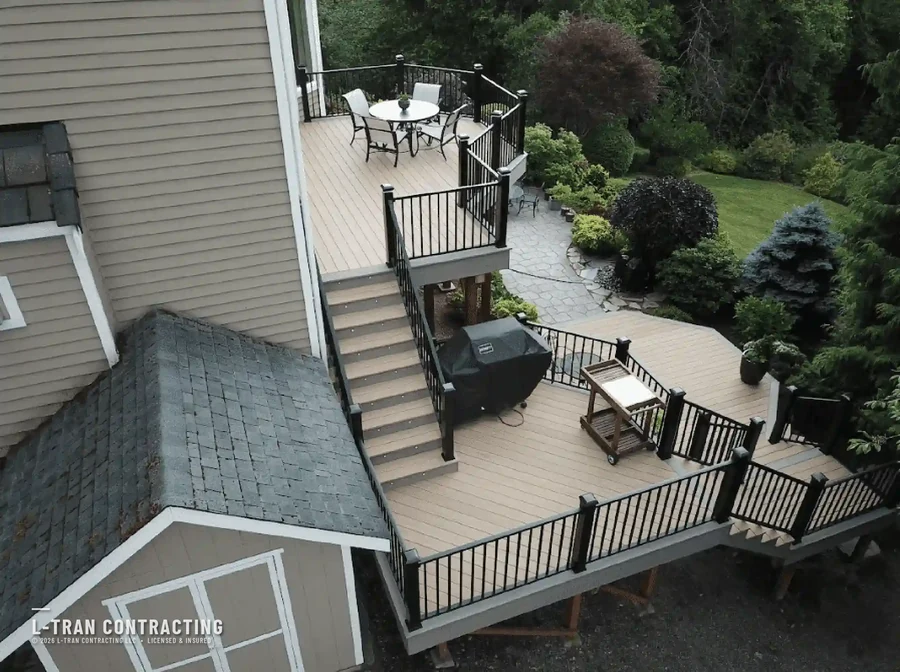Aerial view of multi-level deck with grill station