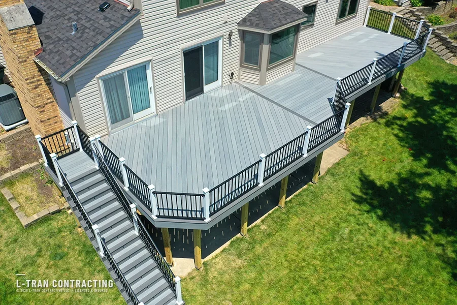 Elevated deck with brick chimney view